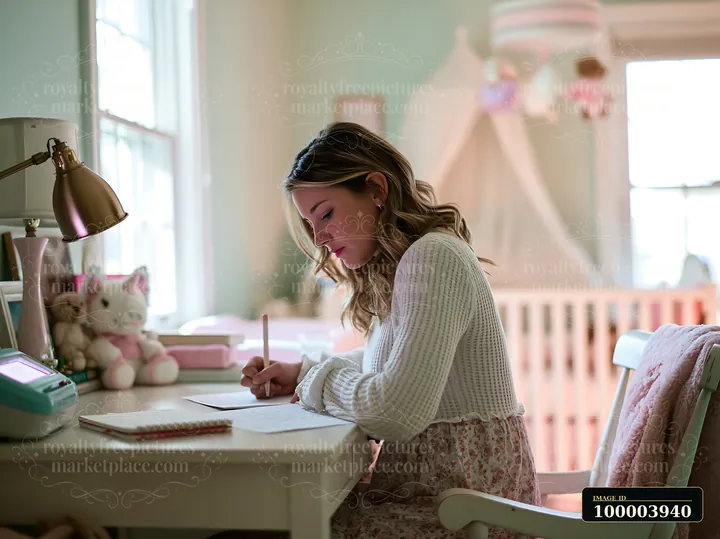 Girl writing on a gift list at a desk in a bright bedroom with stationery and stuffed animals.
