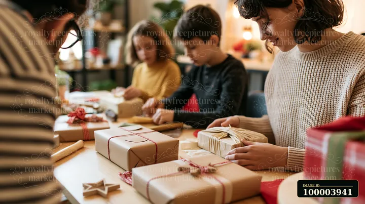 A family is gathered around a table in a cozy room, engaged in gift wrapping activities.