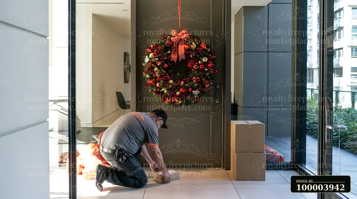 A delivery person is kneeling near a door with a Christmas wreath, preparing to place a package.