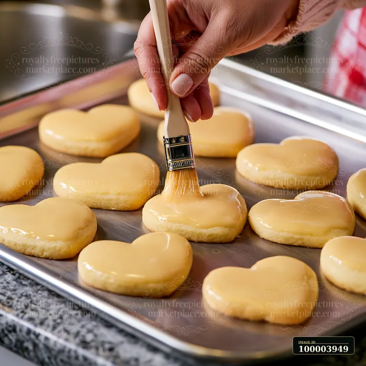 A hand uses a pastry brush to glaze heart-shaped cookies on a baking tray.
