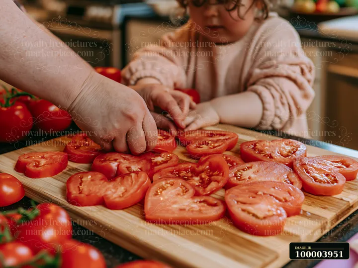 Heart-shaped tomato slices are arranged on a wooden cutting board in a kitchen.