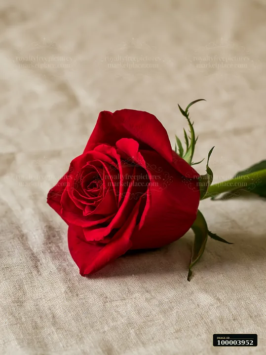 Red rose resting on neutral textured fabric with ample copy space above.