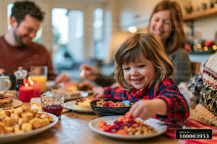 Family eating Christmas breakfast together at a festive dining table with a smiling child in the foreground.