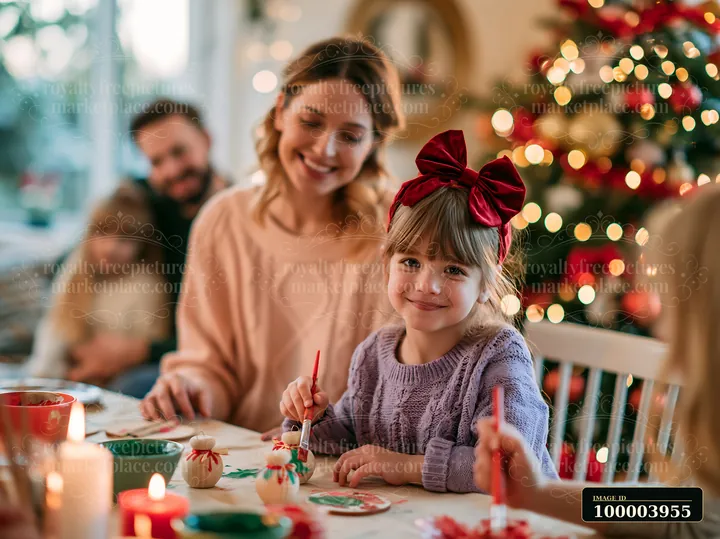 A family gathers around a table to decorate Christmas ornaments at home.