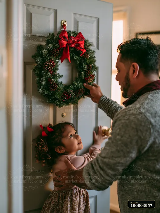 A father and daughter are standing by an apartment door, admiring a Christmas wreath decorated with a red bow.