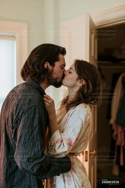 Couple kissing and embracing in a warmly lit bedroom near an open wardrobe.