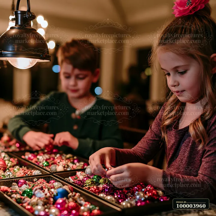 Two children sort colorful Christmas ornaments in trays at a warmly lit table.