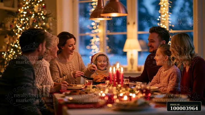 Six family members share a Christmas dinner around a candlelit table beside a decorated tree.