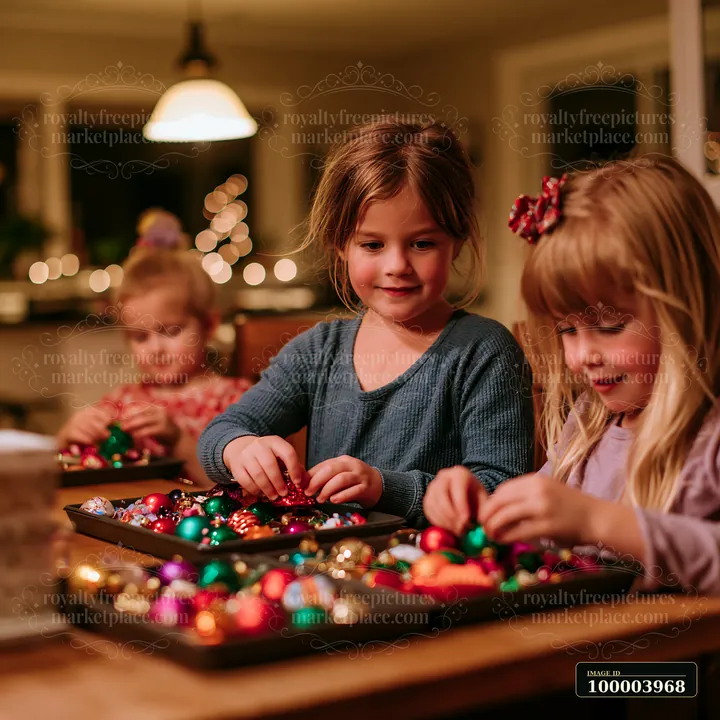 Three children are sorting colorful Christmas decorations on a wooden table in a cozy home setting.