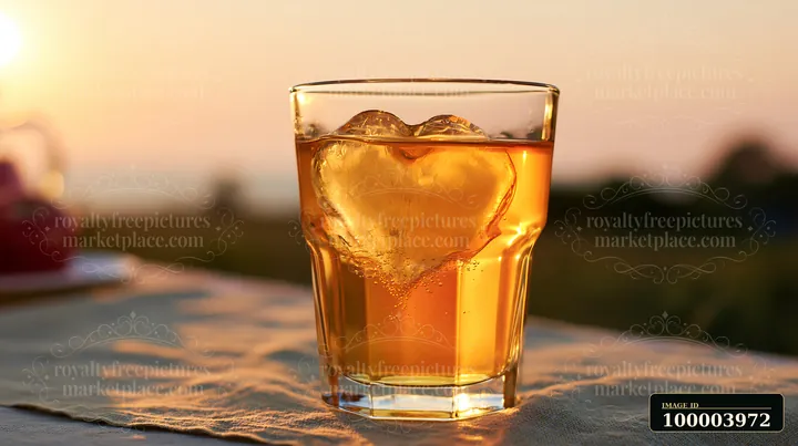 A heart-shaped ice cube is melting in a glass of tea at a sunset gathering.