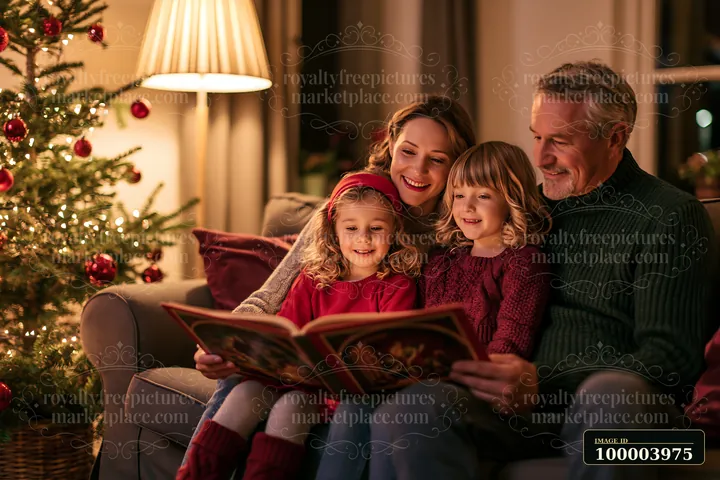 Family reads a Christmas story together on a sofa beside a decorated Christmas tree.