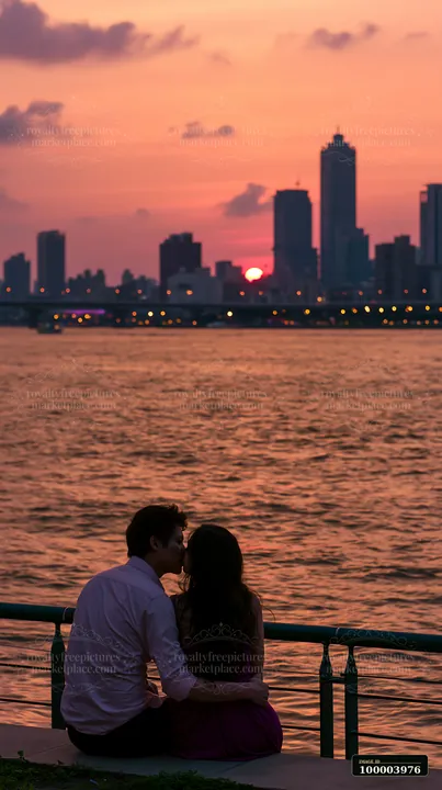 A couple is kissing against a sunset backdrop with a city skyline and shimmering water.