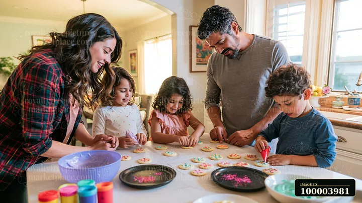 Parents and children are working together to decorate cookies in a kitchen.