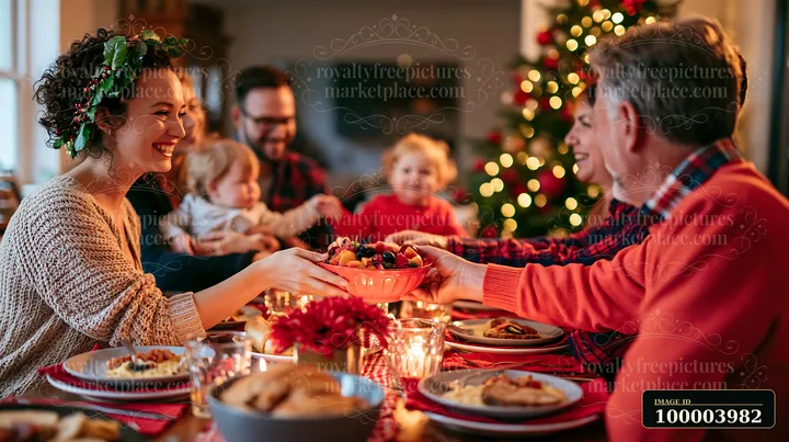 A family gathers around a table filled with breakfast foods on Christmas morning.