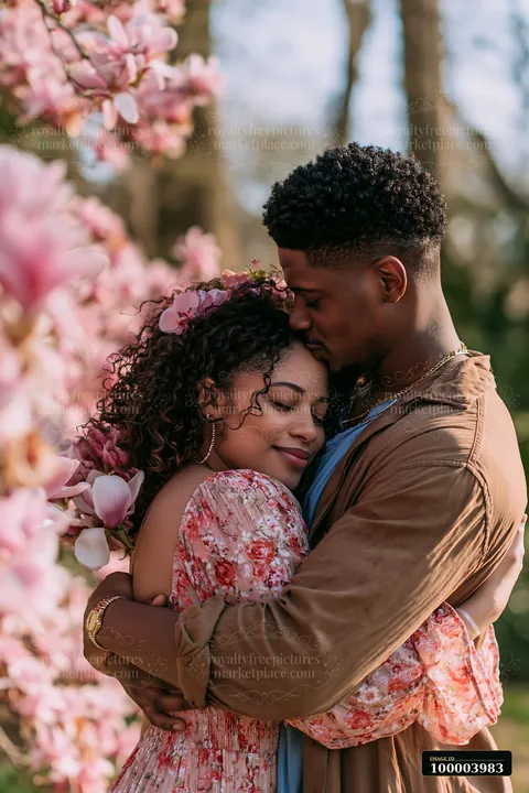 A couple stands together, embracing among pink flowering trees during spring.