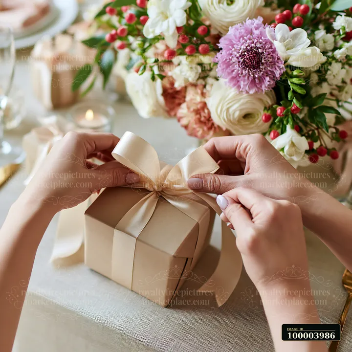 Hands are tying a ribbon around a gift box placed on a table decorated with flowers.