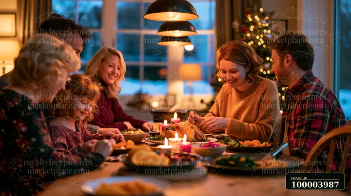 A multigenerational family shares a Christmas meal together at home, enjoying dishes around a table.