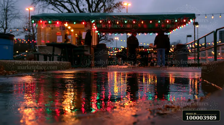Colorful Christmas lights reflect in wet pavement outside a food stall at dusk.