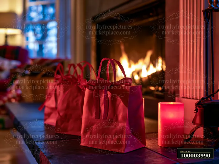 Red holiday shopping bags sit on a stone mantel beside a glowing fireplace and candle.