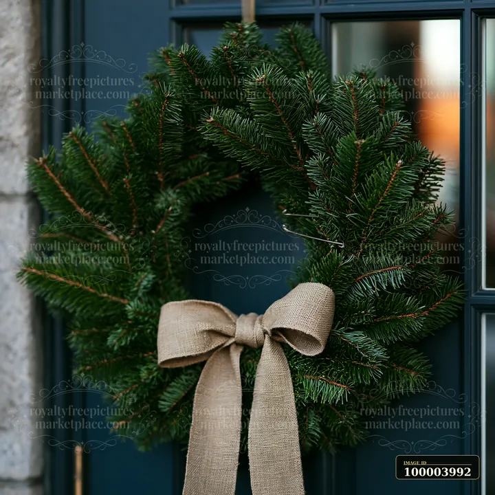 Evergreen Christmas wreath with a burlap bow hanging on a dark blue apartment door.