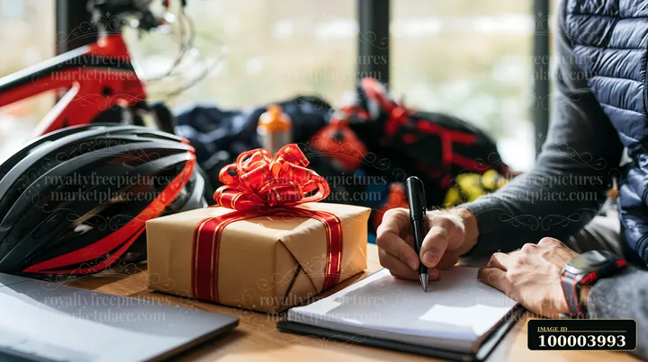 Person writes in a notebook beside a wrapped gift and cycling gear at a sunlit desk.