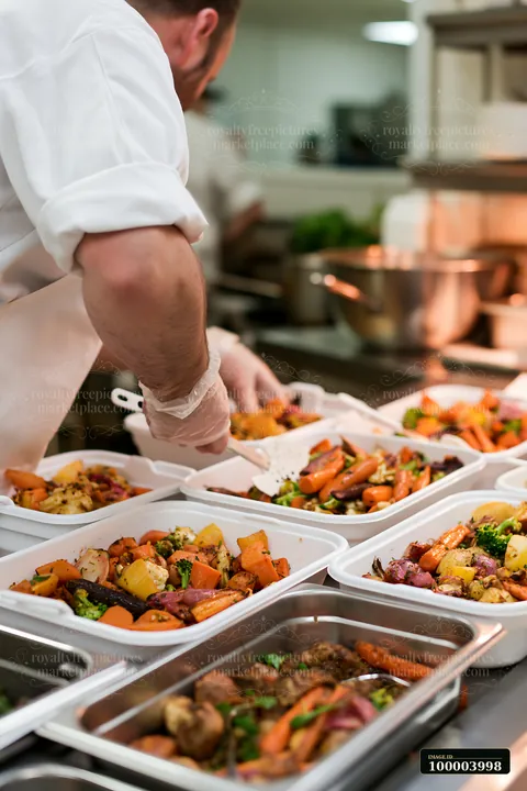 Chef wearing gloves arranges roasted vegetables in serving trays in a commercial kitchen.