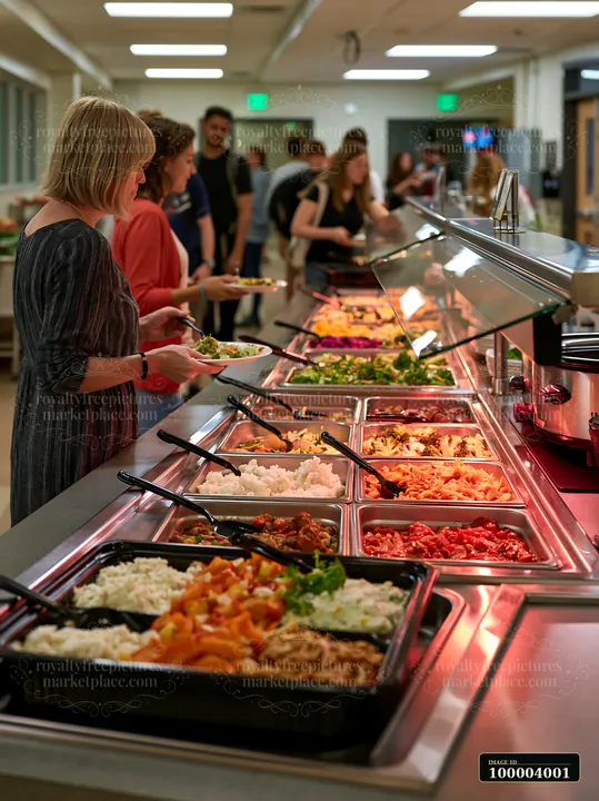 Students select balanced meals from a school cafeteria buffet with trays of hot food.