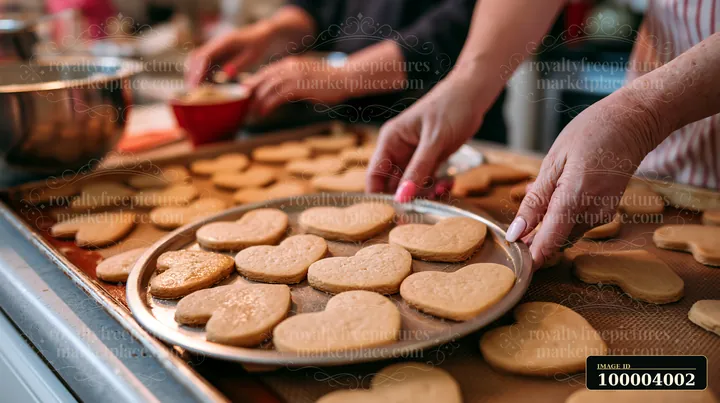 Heart-shaped cookies fill baking trays as two people arrange them on a kitchen counter.