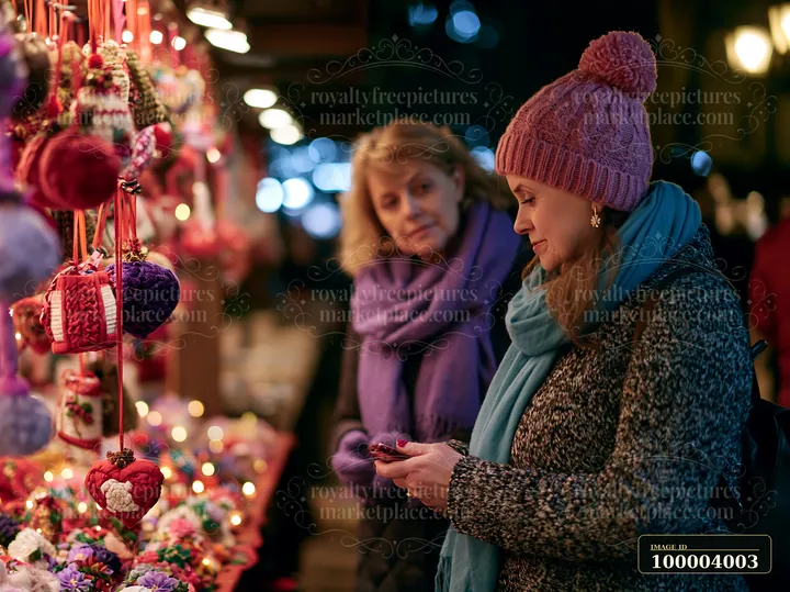 Two shoppers browse colorful handmade ornaments at a warmly lit Christmas market stall.