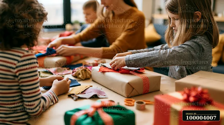 Parents show children how to wrap gifts at a table.