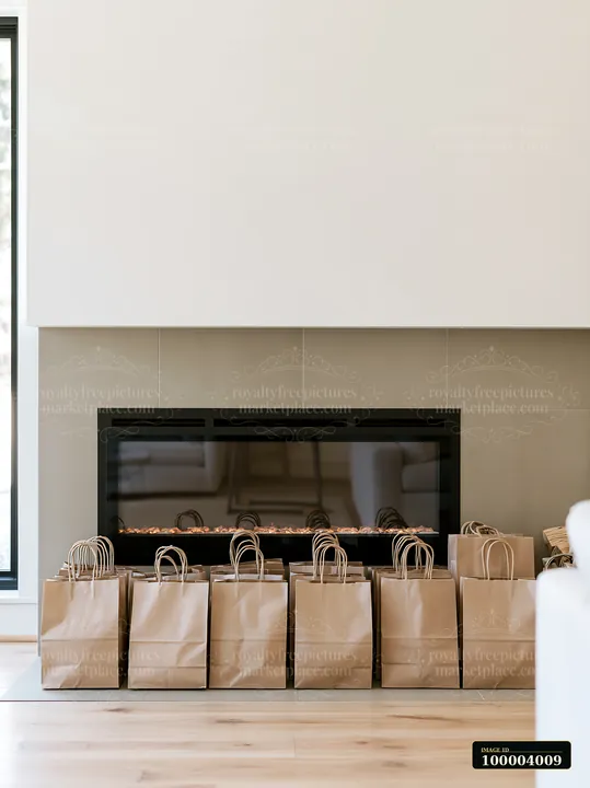 Paper shopping bags arranged beside a modern fireplace in a bright living room.