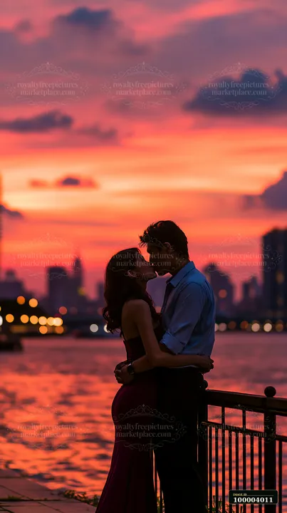 A couple kisses by the water during sunset with a vibrant skyline in the background.