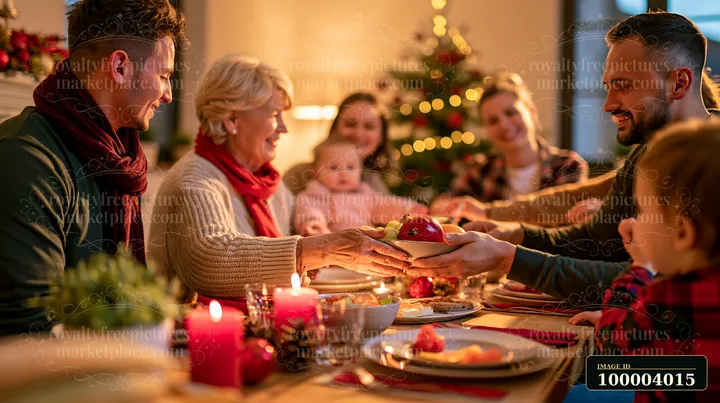 A family sits together at a table sharing breakfast on Christmas morning.