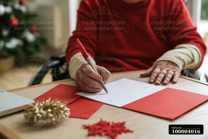 A person in a wheelchair is writing a card on a wooden table with red envelopes nearby.