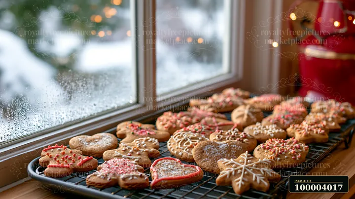 Christmas cookies with colorful icing and sprinkles cool on a metal rack.