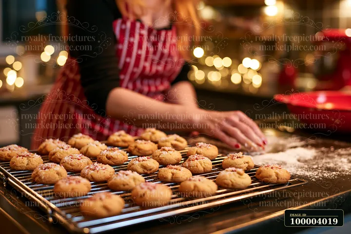 Christmas cookies are cooling on a rack in a kitchen decorated for the holidays.