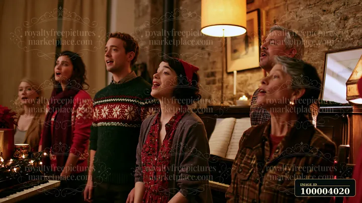 Six family members sing Christmas carols together in a warmly lit room beside a piano.