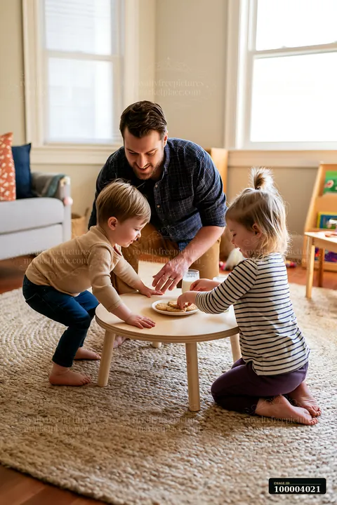 Father and two children place a glass of milk and cookies on a small table in a bright living room.
