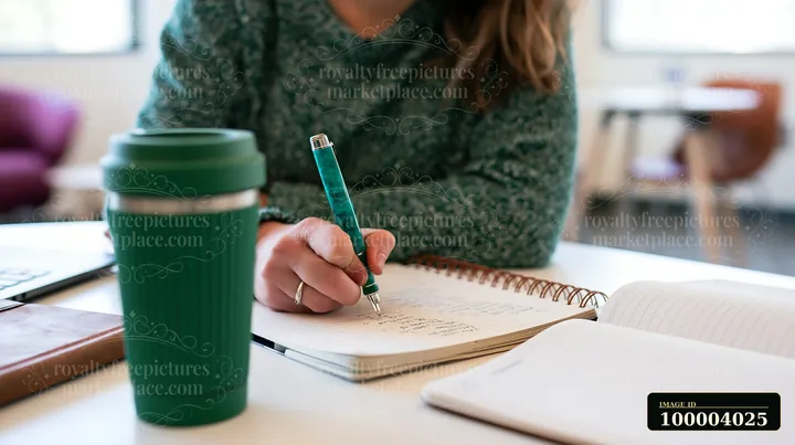 Person writes a gift list in a spiral notebook at a desk beside a reusable travel cup.