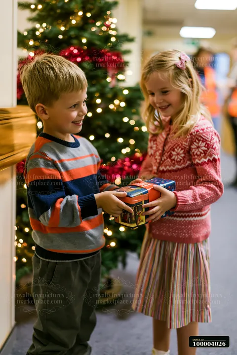 Two children exchange a wrapped Christmas gift beside a decorated tree indoors.