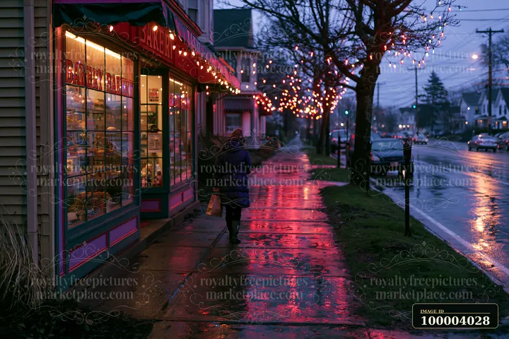One person walks past a warmly lit bakery on a rainy sidewalk with Christmas lights reflecting on wet pavement.