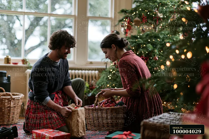 Two parents place wrapped gifts beside a decorated Christmas tree in a warmly lit home.
