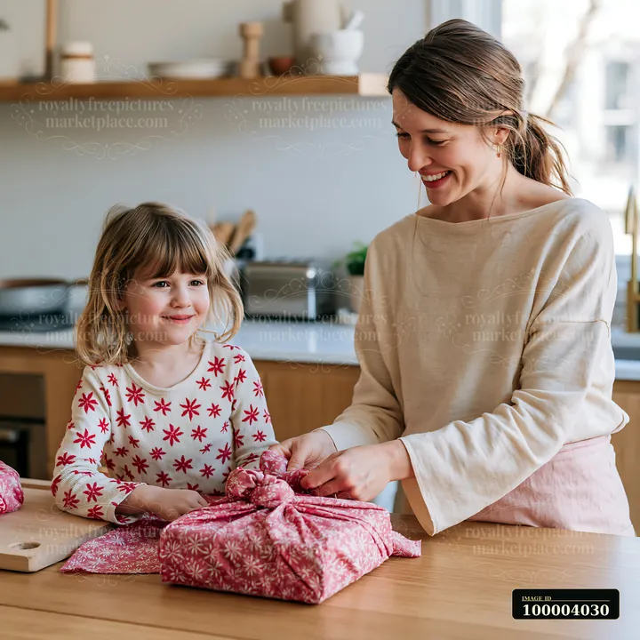 Mother helps her young daughter wrap a patterned pink gift at a kitchen table.
