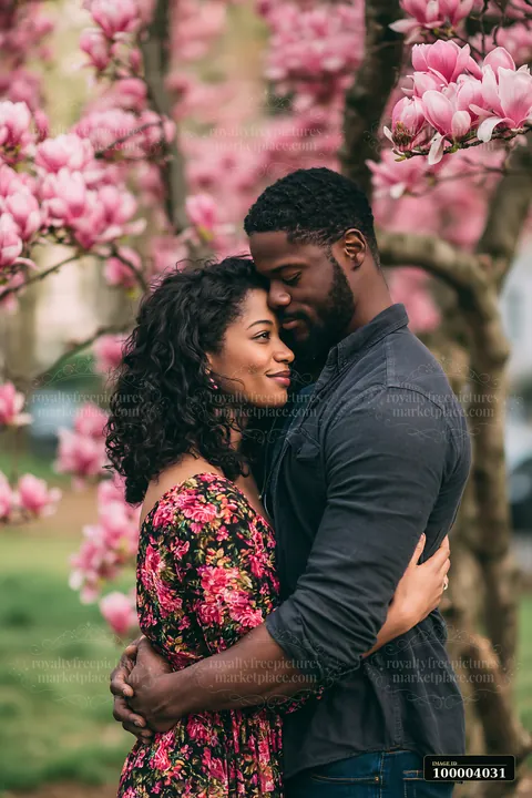 A couple embraces among pink magnolia flowers in a park during spring.