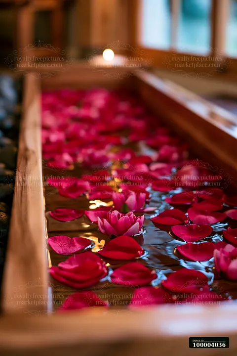 Heart-shaped flower petals float on the surface of calm water in a wooden vessel.