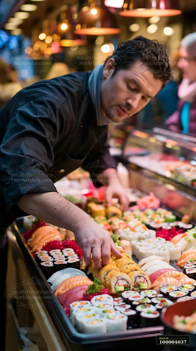 A sushi chef is arranging a colorful sushi platter in a busy catering setting.