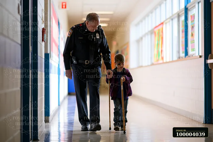 Uniformed police officer walks beside a child using crutches in a bright school hallway.