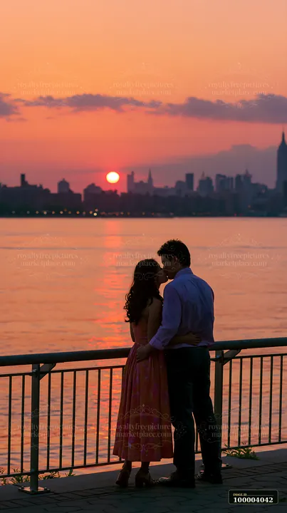 Couple kisses beside a waterfront railing as the sun sets over calm water and a silhouetted city skyline.