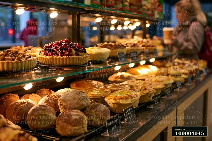 Seasonal pies, tarts, and rustic bread fill a warmly lit bakery display case.