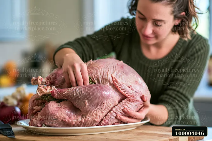 A woman is preparing a turkey for Christmas dinner in a bright kitchen.
